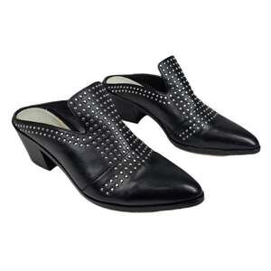 1.STATE WOMEN’S LEATHER STUDDED POINTED TOE MULES – BLACK – SIZE 6.5M – 2" HEEL